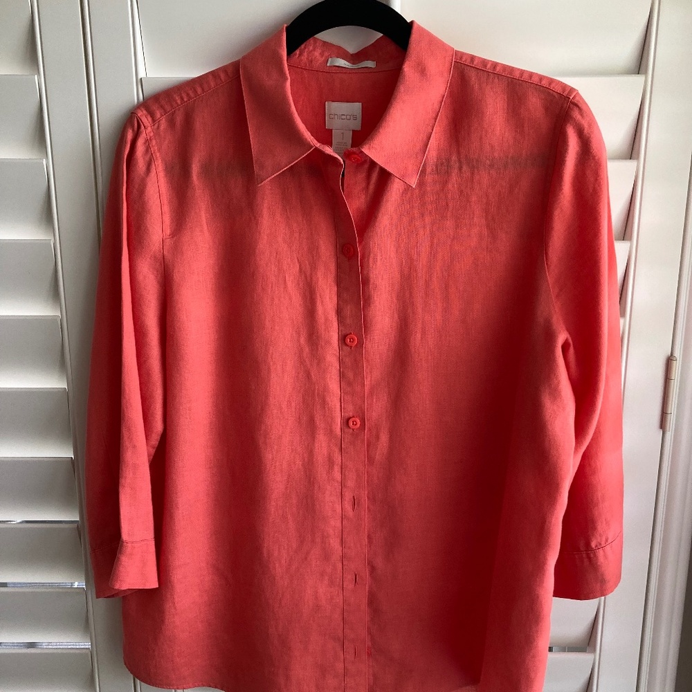 Chico's Size One Coral No-Iron Linen Shirt